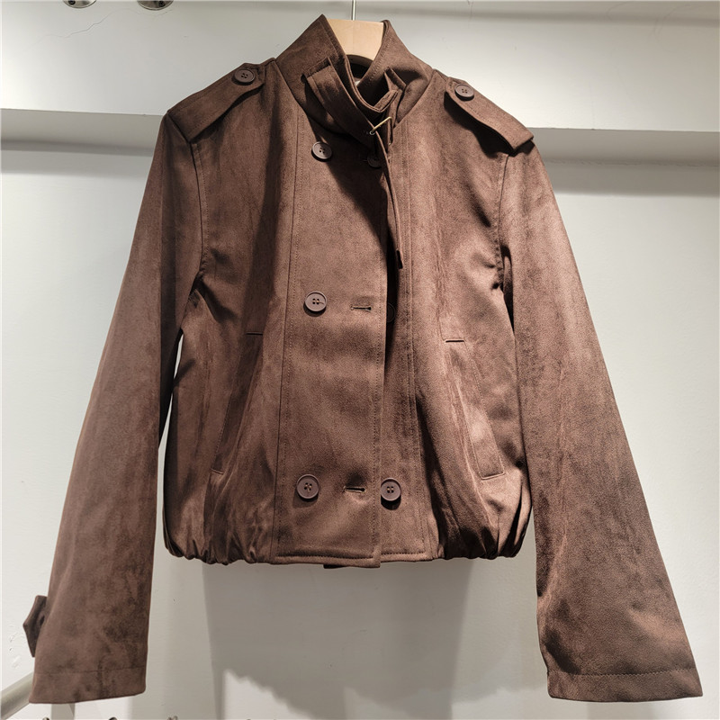 2026 primavera nuevo retro cuello corto chaqueta corta mujer de pelusa dobles hebillas chaqueta de locomotora