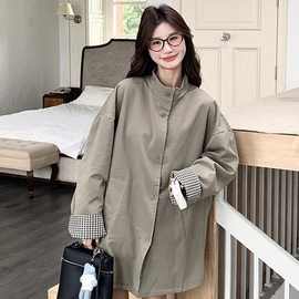 原版做法立领高级穿格子风衣外套女秋冬新款宽松中长款英伦风大衣