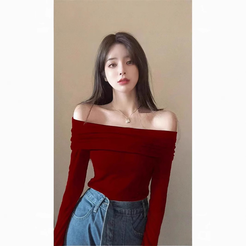 Ins Elegant Early Autumn High Street Niche Shoulder Sexy Long-sleeved T-shirt Women's All-match Slim-fit Collar Top Base Shirt