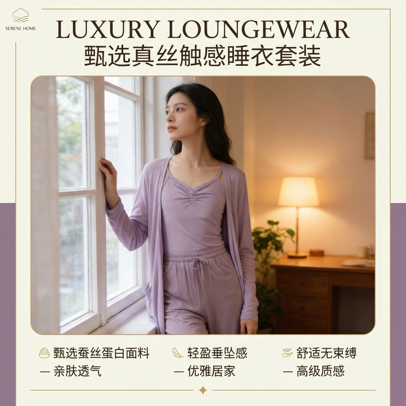 Spring and Autumn Style Women's Pajamas with Chest Pads, Three-Piece Set, Thin Long-Sleeved Camisole, High Aesthetic Value, High-End Feel, Can Be Worn Outside Spring and Autumn Style Women's Pajamas with Chest Pads, Three-Piece Set, Thin Long-Sleeved Camisole, High Aesthetic Value, High-End Feel, Can Be Worn Outside