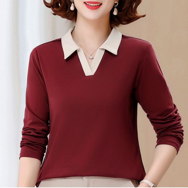 Polo Collar Fake Two-Piece Long-Sleeved T-Shirt for Women Spring and Autum 2025 New Autum Popular Right Shoulder Slimming Look Top Bottoming Shirt