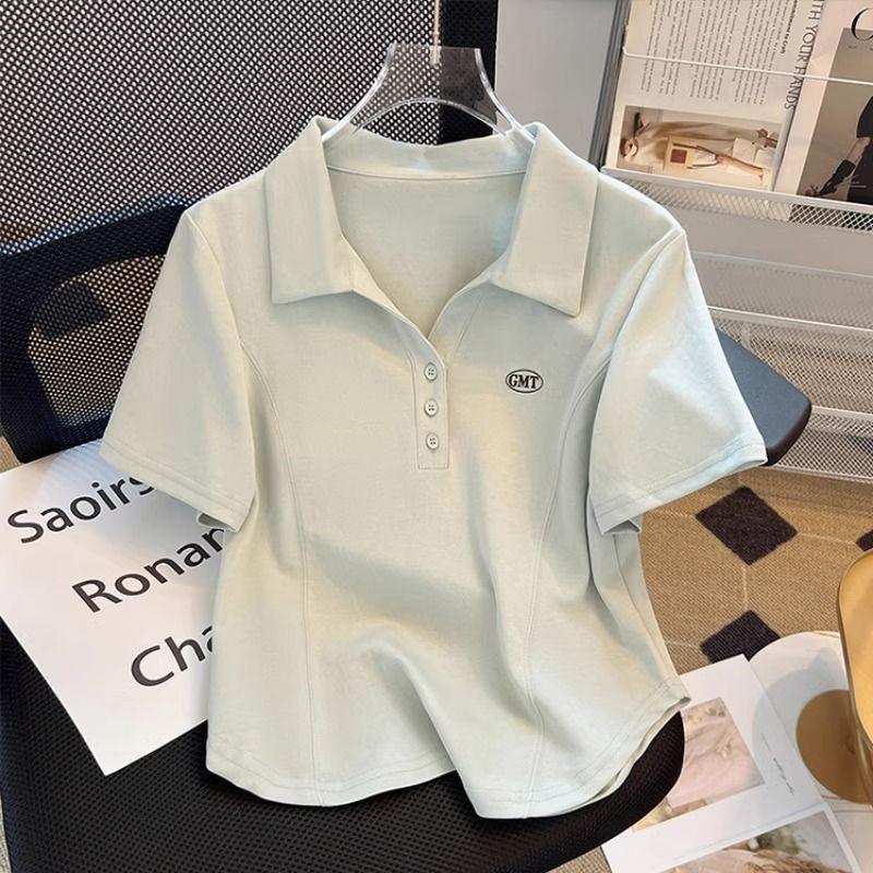 大きいサイズの婦人服の夏の百合の不規則な弧の形の裾の半袖のtシャツの女性の新型のpoloは襟をひっくり返してやせている上着を現します。|undefined