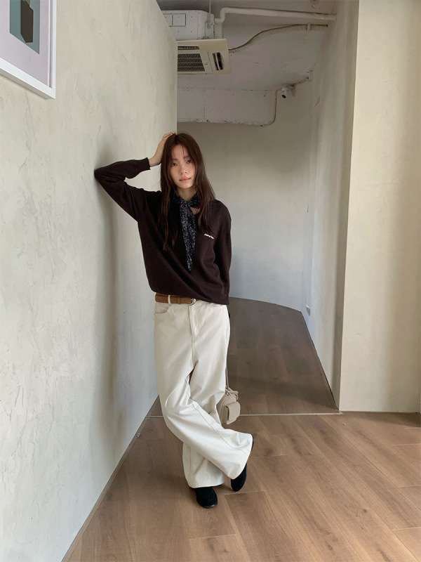 苏奈 韩版小众设计感丝巾装饰长袖套头针织衫秋打底衫tableblue|undefined