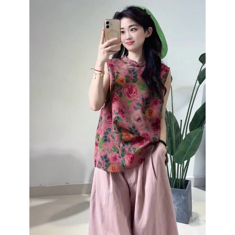 New Chinese-Style Rose-Red Printed Shirt and Wide-Leg Pants Two-Piece Set 2026 National Fashion Outfit Complete Set