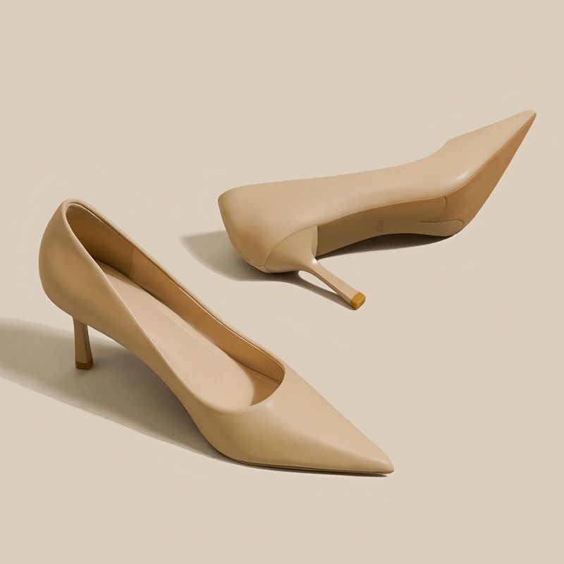 Real Soft Leather Nude High Heels Women's Stiletto 5cm Simple Comfortable Soft Leather Commuter Work Shoes Professional Single-layer Shoes Low Heel