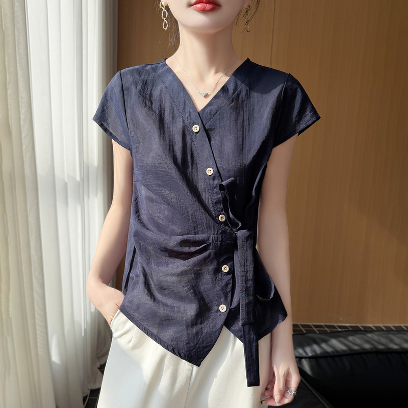 Unique Designer V-Neck Tie Short-Sleeve Shirt for Women, Summer Asymmetrical Waist-Cinching, Figure-Flattering, Versatile, High-End T-Shirt Unique Designer V-Neck Tie Short-Sleeve Shirt for Women, Summer Asymmetrical Waist-Cinching, Figure-Flattering, Versatile, High-End T-Shirt