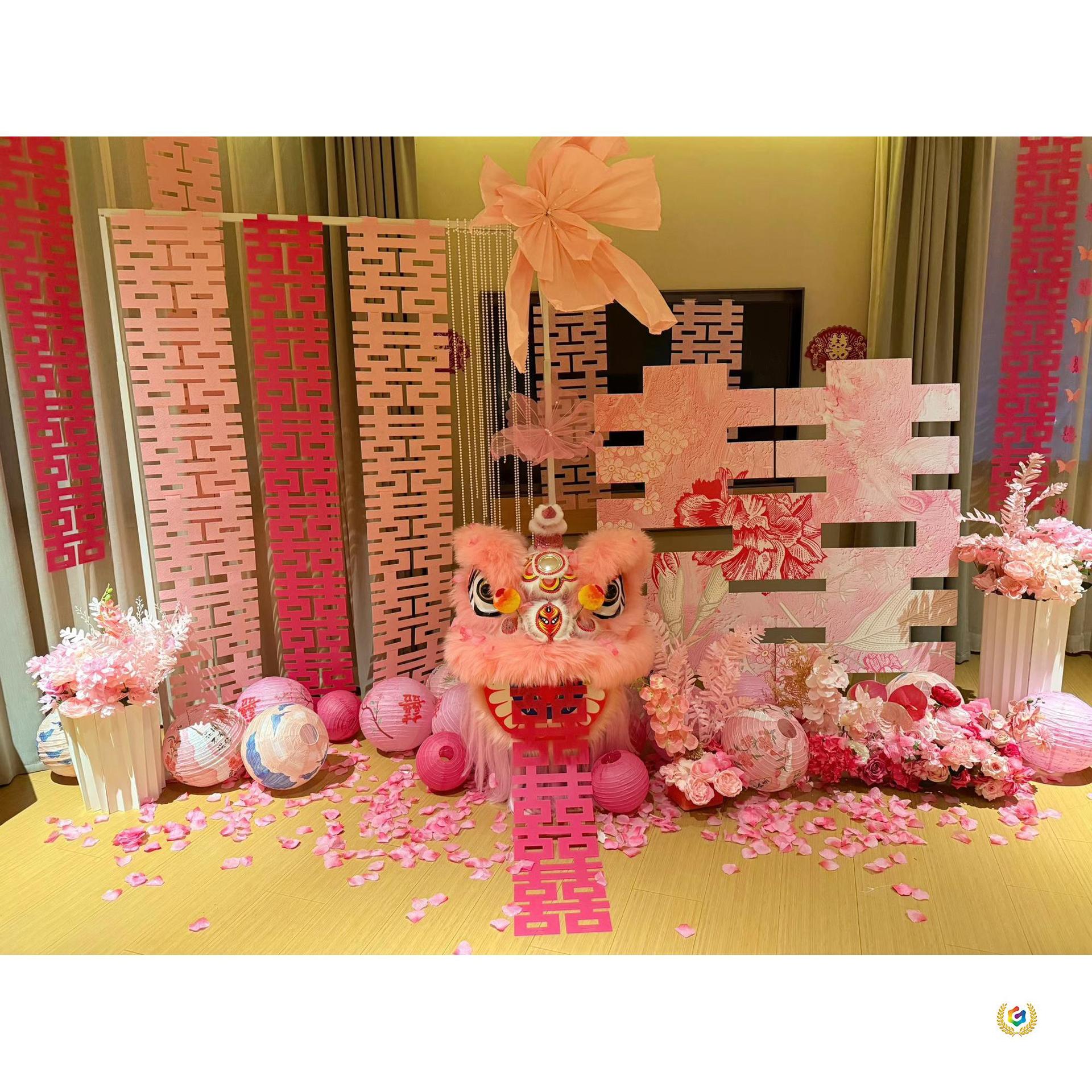 Pink lion dance wedding decorations, Australian wool lion dance setup, lion performance props, lion head