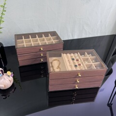 ジュエリー収納ボックス、高級で絶妙な引き出し式イヤリング、イヤリング、ネックレス、ブレスレット、防塵ウォールナット木目調収納ボックス