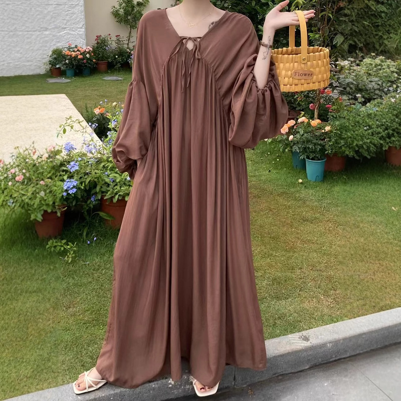 High-Quality In-Stock Real Photos 2026 Autumn Japanese and Korean Style Loose Plus-Size Long Dress for Plus-Size Women Lantern Sleeve Dress