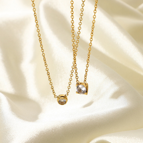 Minimalist Diamond Necklace with Round and Rectangle Design, 18K Gold, Exquisite Chain, Stainless Steel Pendant for Women