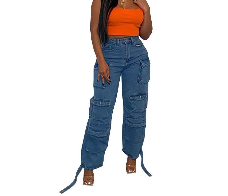 Women's Jeans Multi Pocket Washed Workwear Denim Trousers_voghion.com