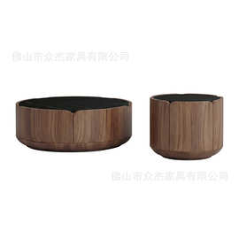 中古风花瓣茶几现代简约小户型客厅创意设计师岩板胡桃木圆形茶桌