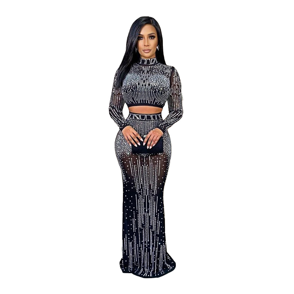 Femmes Sexy Col Haut Évider Diamant Manche Longue Couleur Unie Fête Cocktail Party display picture 18