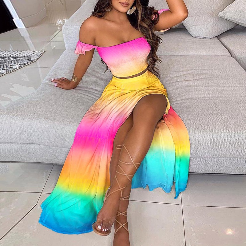 2022 European And American Summer Slim-Fit French Bohemian Print Mid-Length Vintage Strapless Dress Set For Women_ecoleips.com