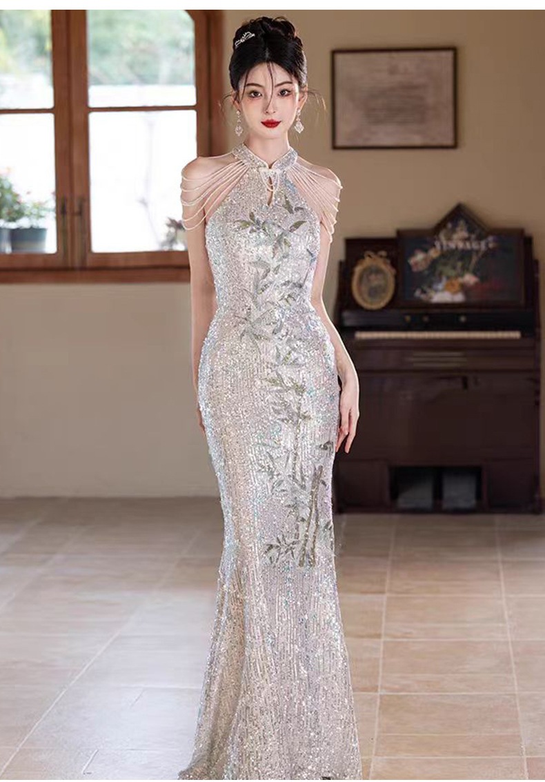 Sequined Evening Gown Women's Light Luxury Mermaid Dress Waist Cinching New Style Host Performance Costume_ecoleips.com