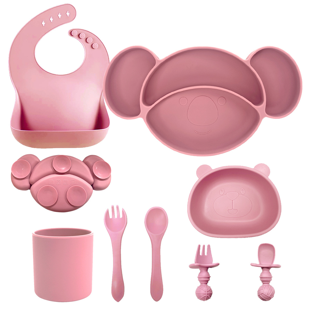 Juego de platos de silicona para la cena, tazón para comida, babero, vajilla infantil, plato de silicona para bebés, cuchara y tazón de silicona, artículos para madres y bebés