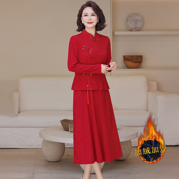 妈妈婚宴礼服高贵改良旗袍40岁50喜婆婆气质秋冬装加绒加厚连衣裙
