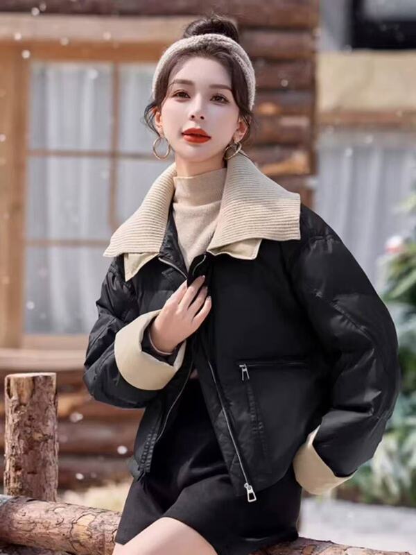 2025羽绒棉服女新款针织翻领皮衣短款冬季新款保暖棉袄外套PU棉厚|undefined