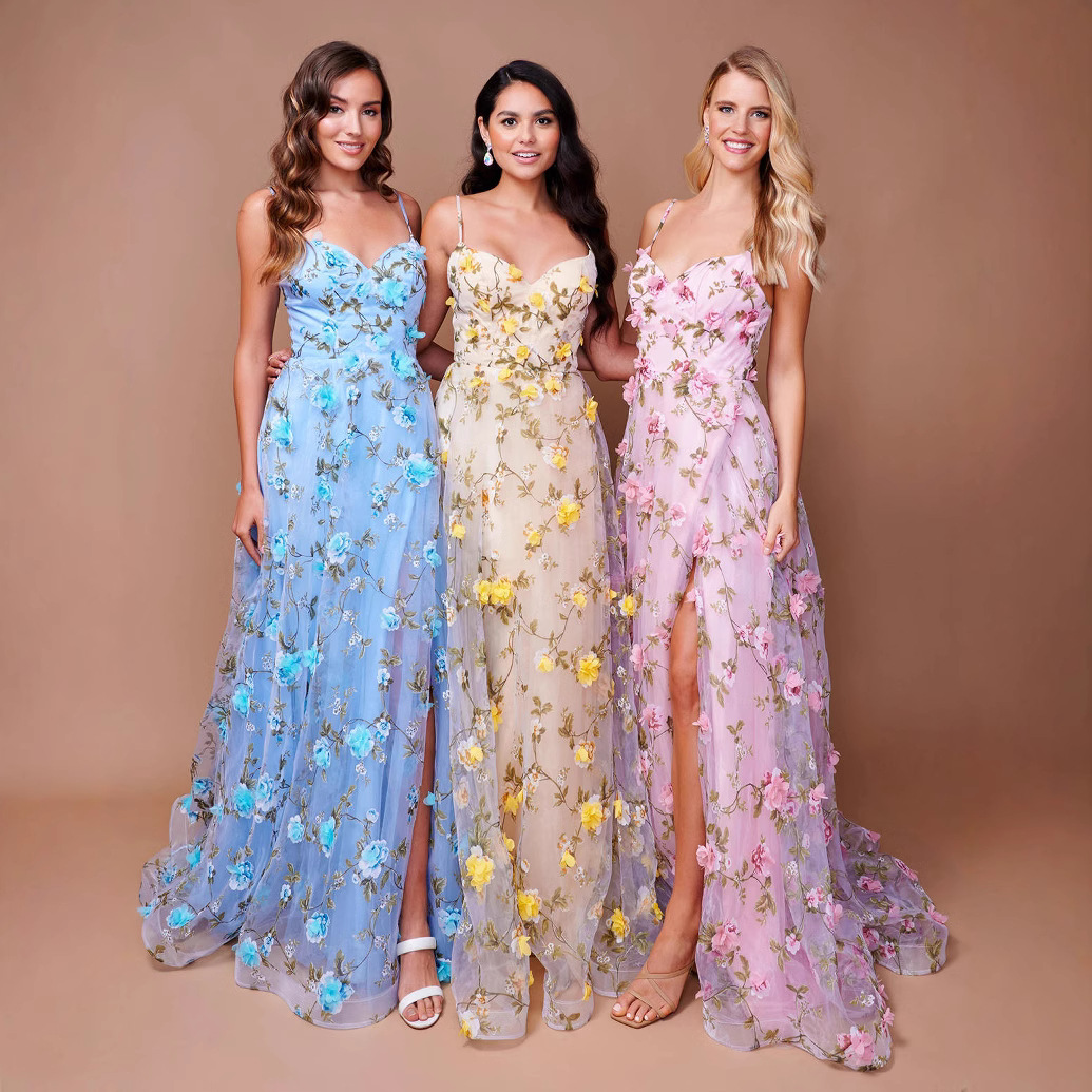 New Style Dress Sling V-neck Printed Evening Dress Three-dimensional Flower Fashion Split Ball Performance Host Party Party