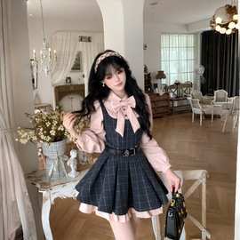 大码微胖mm少女感蝴蝶结衬衫格纹毛呢收腰显瘦蓬蓬百褶连衣裙短裙