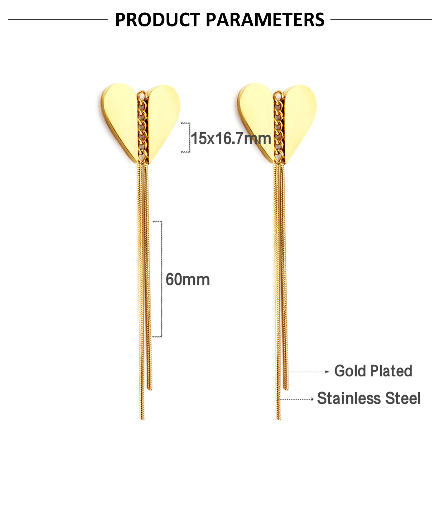 Fashion Moon Heart Shape Lightning Stainless Steel Tassel Plating Inlay Zircon Drop Earrings 1 Pair