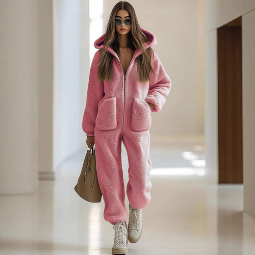 European and American autumn and winter new women's clothing hooded pockets decorative loose straight plush jumpsuit pants