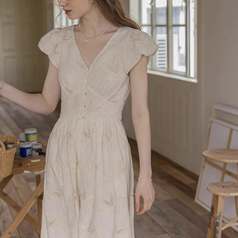 Cotton Twin Strap Heavy Embroidery/French V-neck dress Short-sleeved A- line Skirt