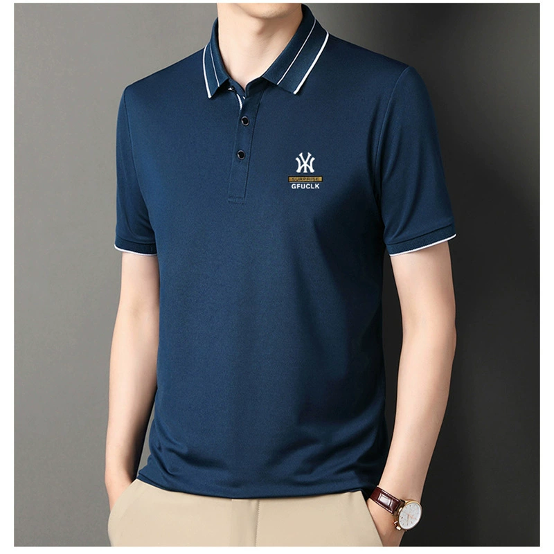 2023 летняя новая стильная рубашка-поло с принтом, мужская с лацканами, ледяной шелк для молодежи и среднего возраста, быстросохнущая свободная футболка с короткими рукавами и короткими рукавами до локтя