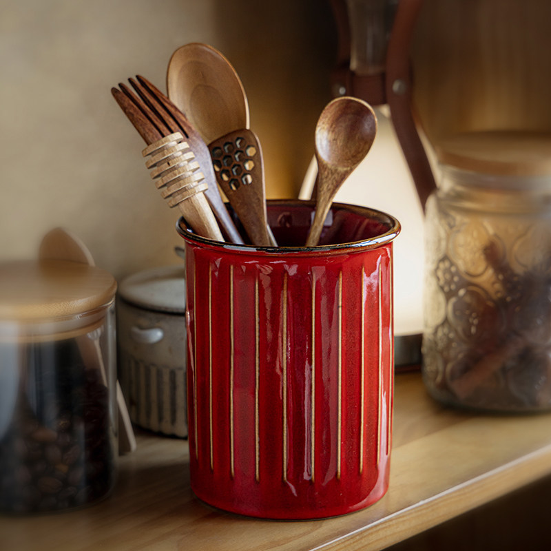 Embossed Ceramic Chopstick Holder Kitchen Chinese-Style Chopstick Cage Household High-End New Model Chopstick and Spoon Storage Jar Cross-Border Export
