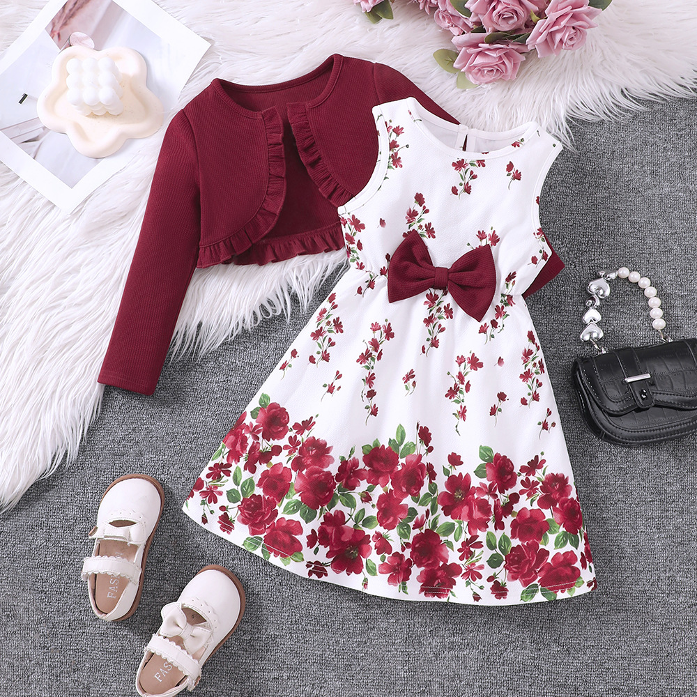 Vêtements pour enfants EW Nouveau produit pour filles Printemps et automne Robe imprimée Ensemble cardigan tricoté TZ828-C_voghion.com