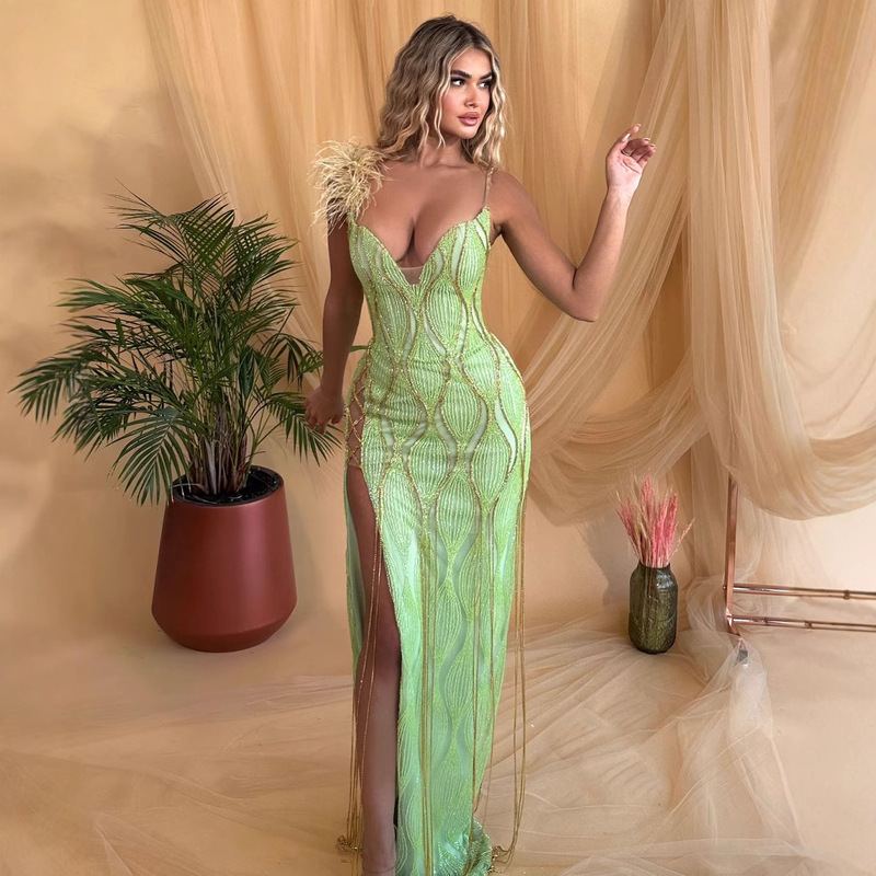 Cross-Border European and American Sleeveless Sexy Long Sequined V Neck Backless Banquet Evening Dress Bridesmaid Dress for Women