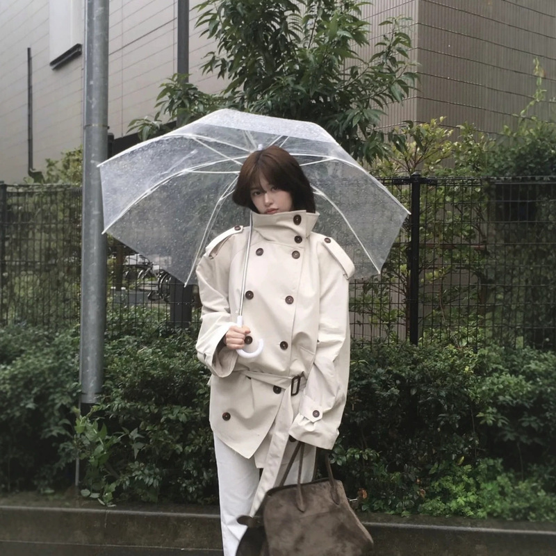 In-Stock High-Quality Replica of Ahn Yujin's White Double-Breasted Stand-Collar Trench Coat, Sophisticated Korean-Style Silhouette Jacket