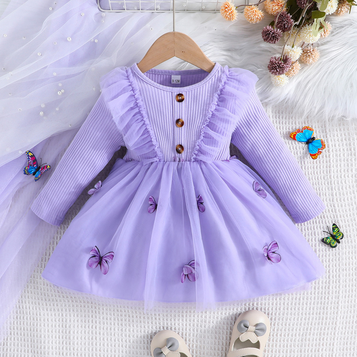 New Spring & Fall New Style Long-Sleeved Dress for Small and Medium-Sized Children, Fashionable Little Girl Mesh Skirt, European and American Baby Skirt
