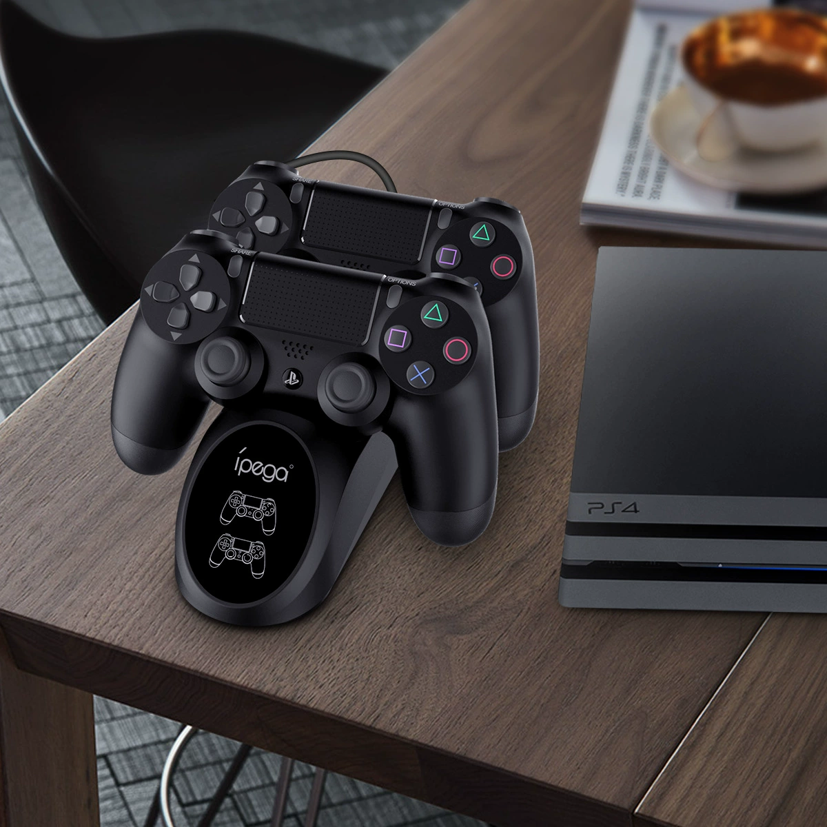 Док-станция-зарядное для двух беспроводных контроллеров PS4/SLIM/Pro, база для геймпадов P4 с LED-подсветкой PG-9180