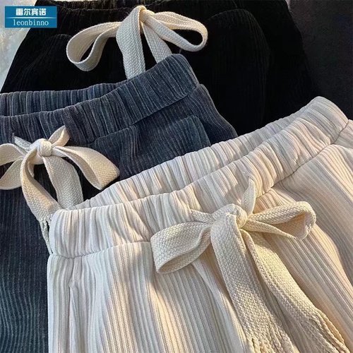 Men's Spring Versatile Loose Straight Leg Wide Leg Woolen Lined Corduroy Pants with Ground-Long Casual Japanese Style