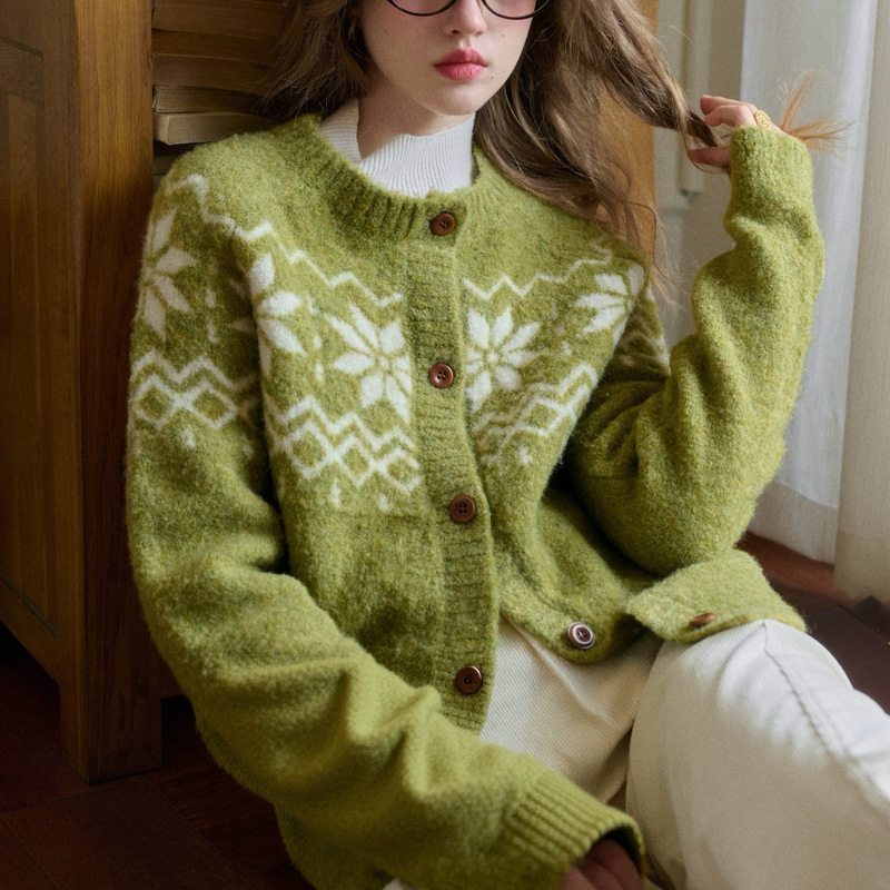 Sinpleretro Norwegian Forest Wool Loop Yarn Fair Isle Sweater Women's Autumn Lazy Style Sweater Jacket