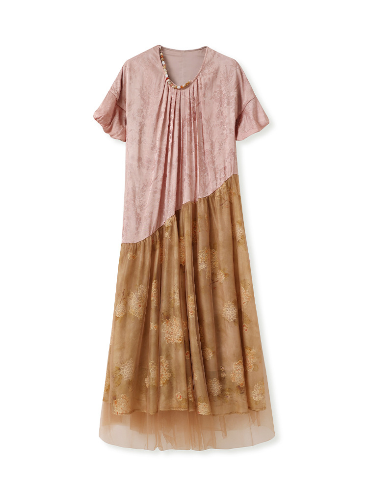 Váy maxi nữ phối hoa phong cách quốc gia cao cấp, chất rayon sang trọng, tay ngắn, thắt eo — Màu trắng, Màu mơ cà phê