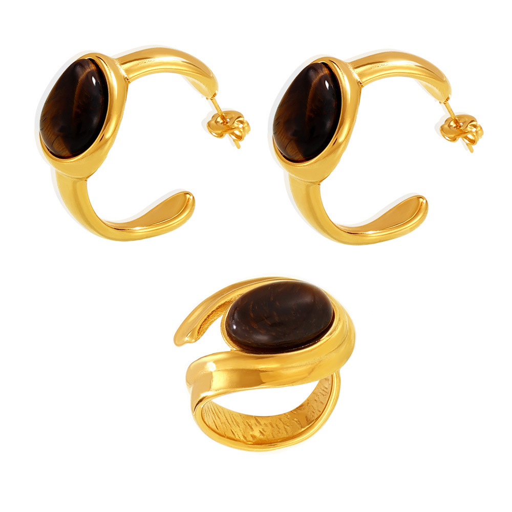 European And American Retro Natural Tiger Eye Stone C-shaped Earrings With Open Ring Stainless Steel PVD Plated Maillard Jewelry_voghion.com