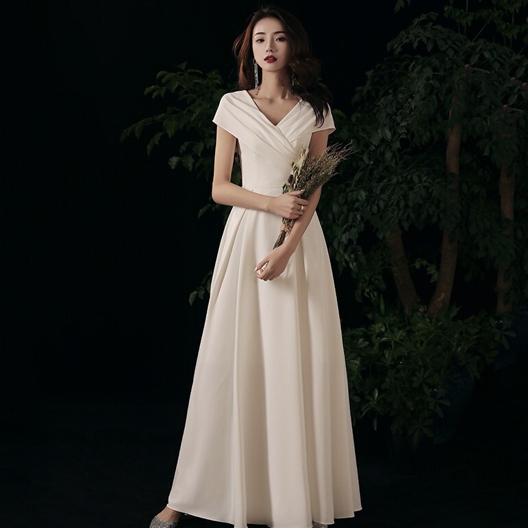White Elegant Lady's Small Evening Dress, Women's Registration and Certificate Can Usually Wear Birthday Party French Long Dress