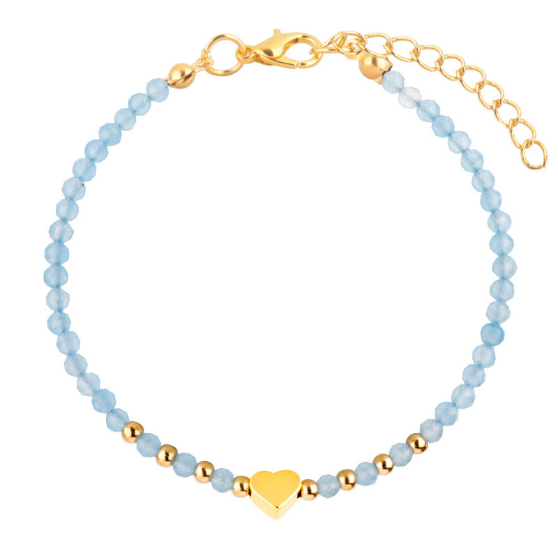 Women's Love Heart Bracelet with Gold Beads, Electroplated Adjustable Crystal Cut Bead Bracelet, Aquamarine Gold Love Heart Bracelet Women's Love Heart Bracelet with Gold Beads, Electroplated Adjustable Crystal Cut Bead Bracelet, Aquamarine Gold Love Heart Bracelet