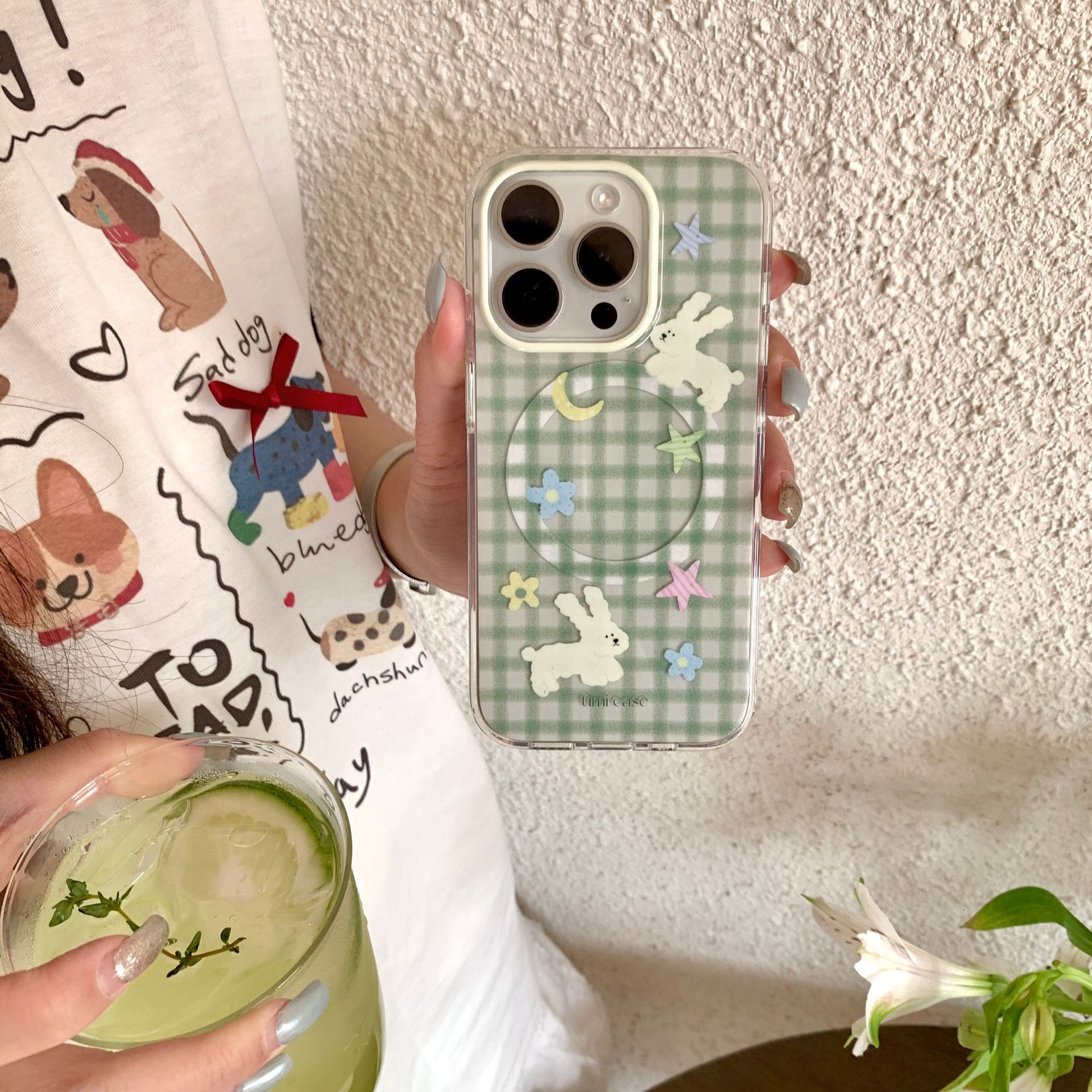 Conejo de costura de cuadros verde coreano para Apple 16Pro funda para teléfono móvil 15ProMax magnético 14 nuevo 16PM