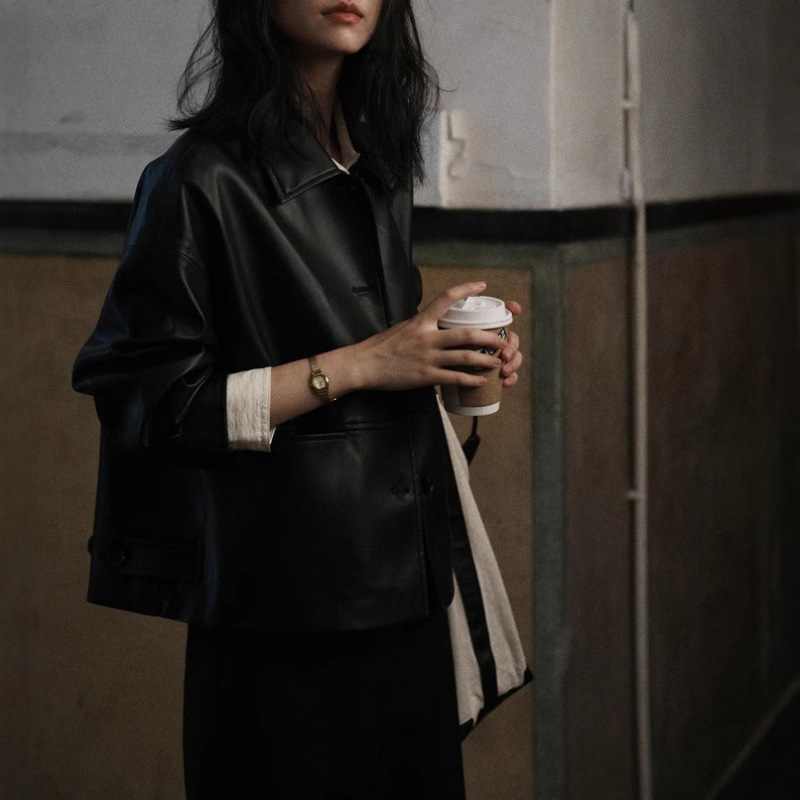 预售春秋时尚法式短款皮衣秋季新款复古休闲外套女|undefined
