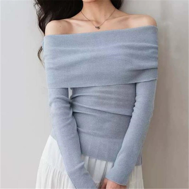 Atmospheric knitted spring fitted blue fuchsia sweater