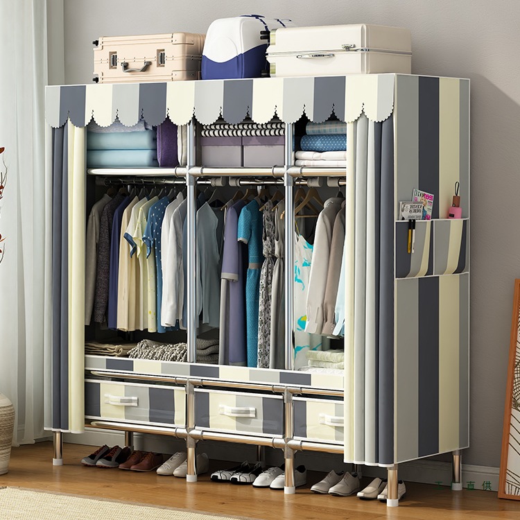 Wardrobe Simple Assembly Bedroom Home Rental Cloth Wardrobe with Drawers All Steel Frame Structure Strong and Durable Wardrobe