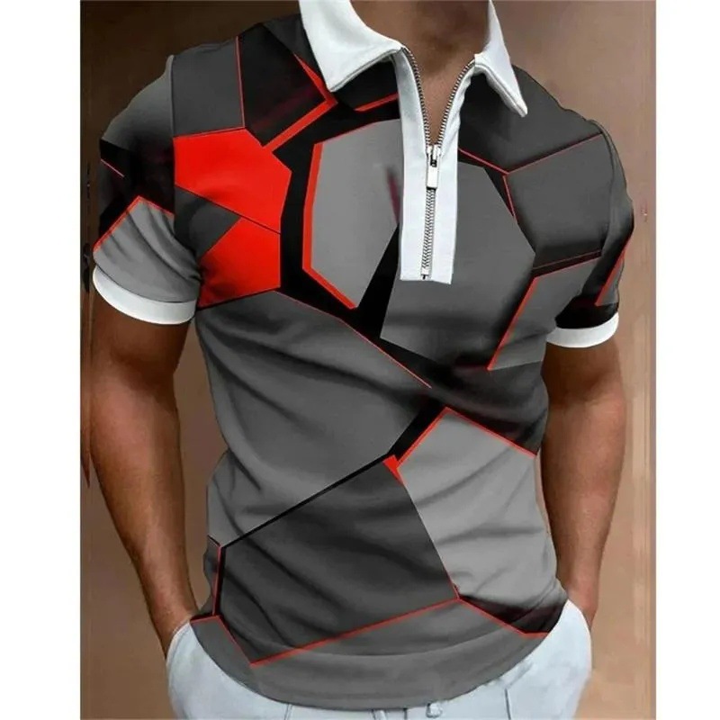 2024 venta caliente personalidad moda impresión 3D hombres verano calle suelta solapa manga corta cremallera camisa POLO
