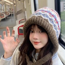 费尔岛风针织帽女冬季巴拉克拉法帽子包包两用保暖毛绒护耳毛线帽