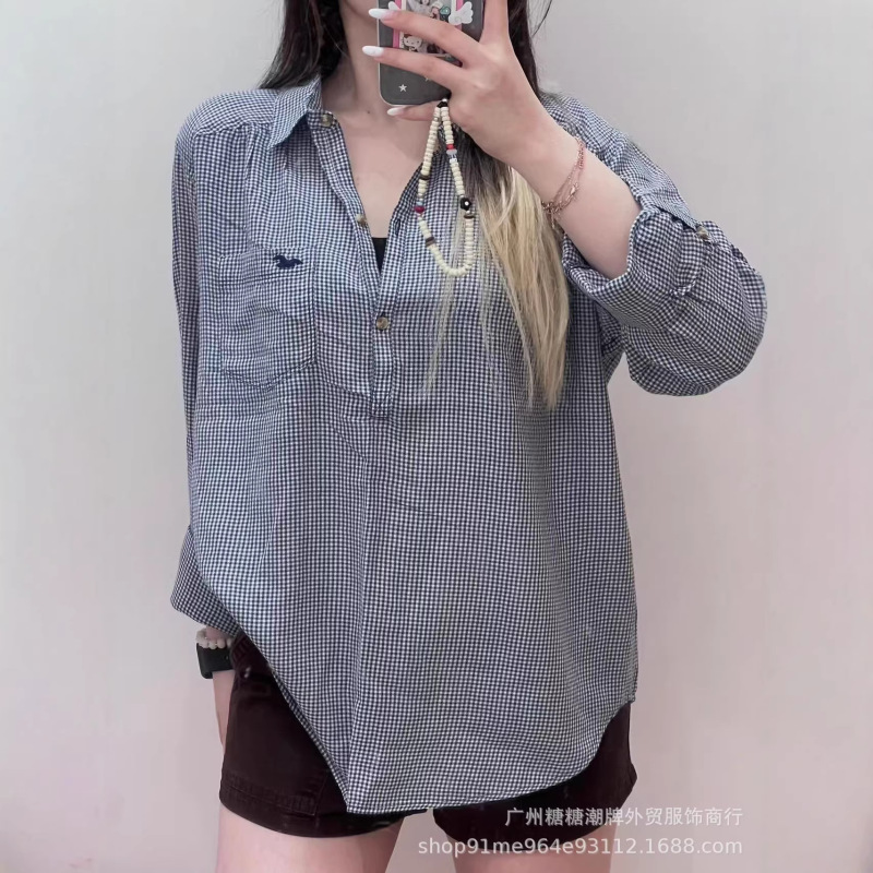 New in Stock~ Embroidered Little Seagull Three-Button Plaid Shirt for Women, Old Money Style, Thin and Relaxed Fit, Long-Sleeve Shirt New in Stock~ Embroidered Little Seagull Three-Button Plaid Shirt for Women, Old Money Style, Thin and Relaxed Fit, Long-Sleeve Shirt