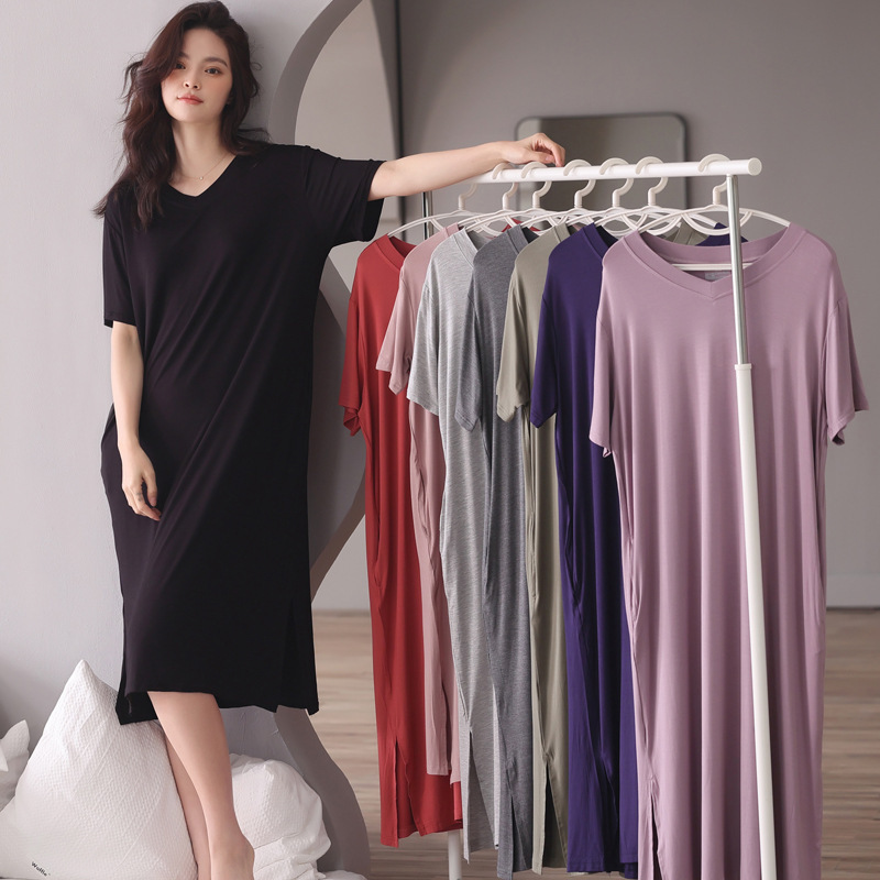 Solid Color Summer V Neck Breast Pad Pajamas for Women Thin Cool Breathable Short-Sleeved Modal Loose Large Size Mid-Length Nightgown Solid Color Summer V Neck Breast Pad Pajamas for Women Thin Cool Breathable Short-Sleeved Modal Loose Large Size Mid-Length Nightgown