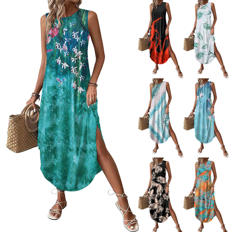 Amazon Cross-Border Women's Summer New European and American Temperament Commuting Printed Round Hem Sleeveless Long Dress