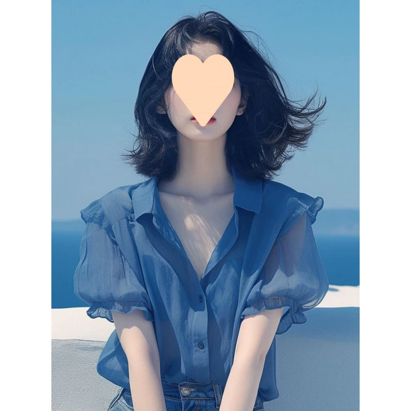 Французский темперамент синий пузырчатый рукав шифоновая рубашка женская новая летняя плотина тонкая рубашка